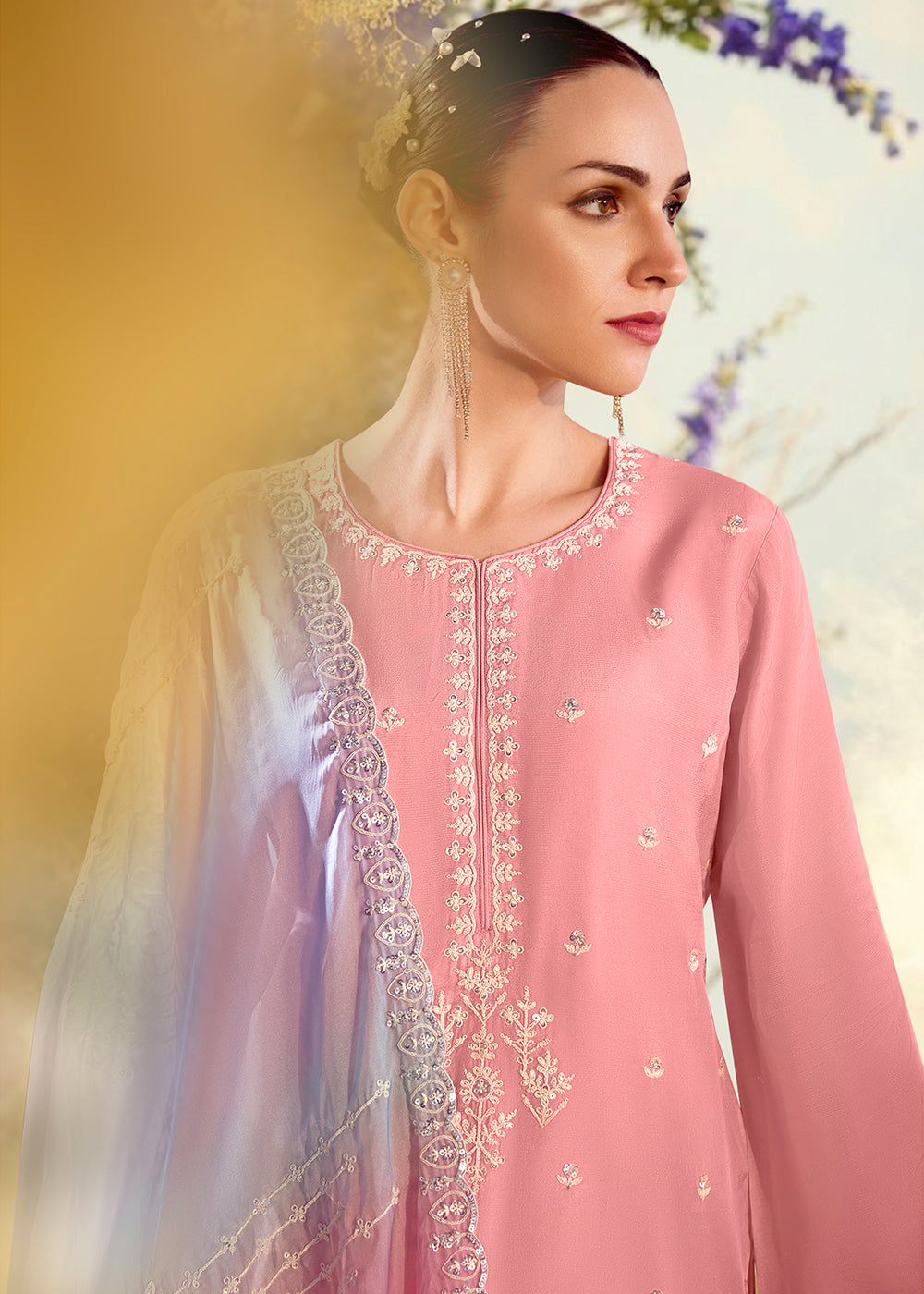 Tickle Me Pink Silk Suit with Embroidery on Neckline, Buttis, and Scalloped Borders