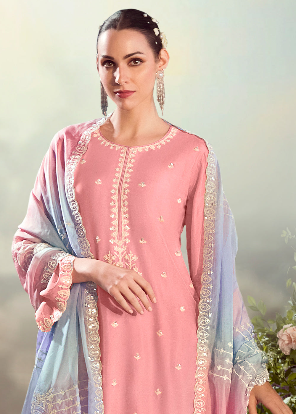 Tickle Me Pink Silk Suit with Embroidery on Neckline, Buttis, and Scalloped Borders