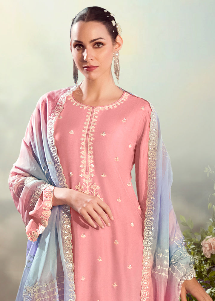 Tickle Me Pink Silk Suit with Embroidery on Neckline, Buttis, and Scalloped Borders