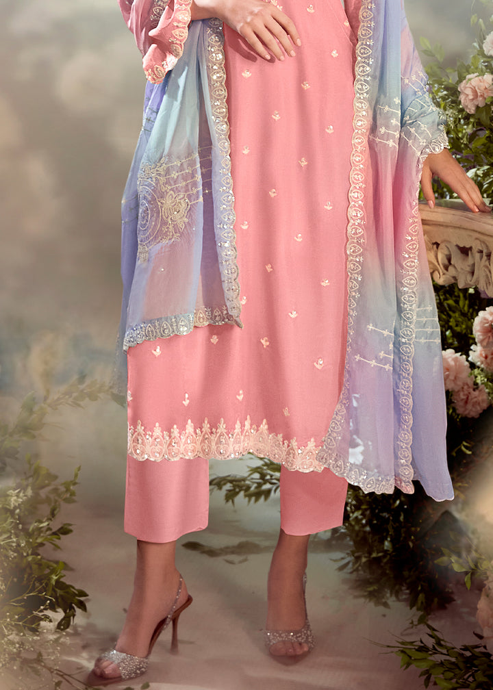 Tickle Me Pink Silk Suit with Embroidery on Neckline, Buttis, and Scalloped Borders