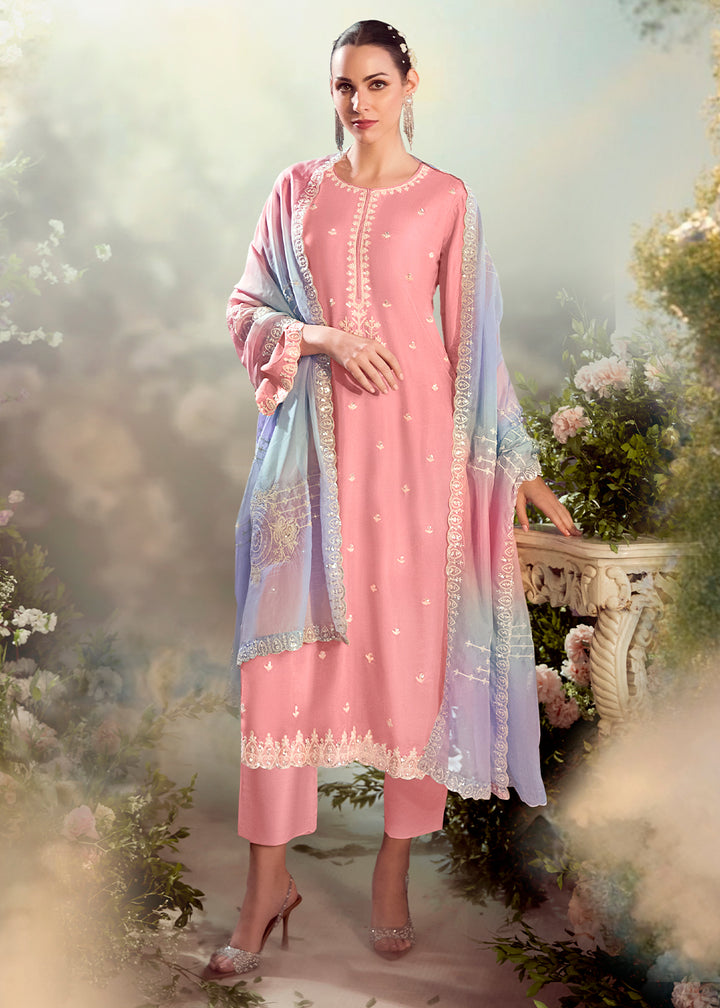 Tickle Me Pink Silk Suit with Embroidery on Neckline, Buttis, and Scalloped Borders