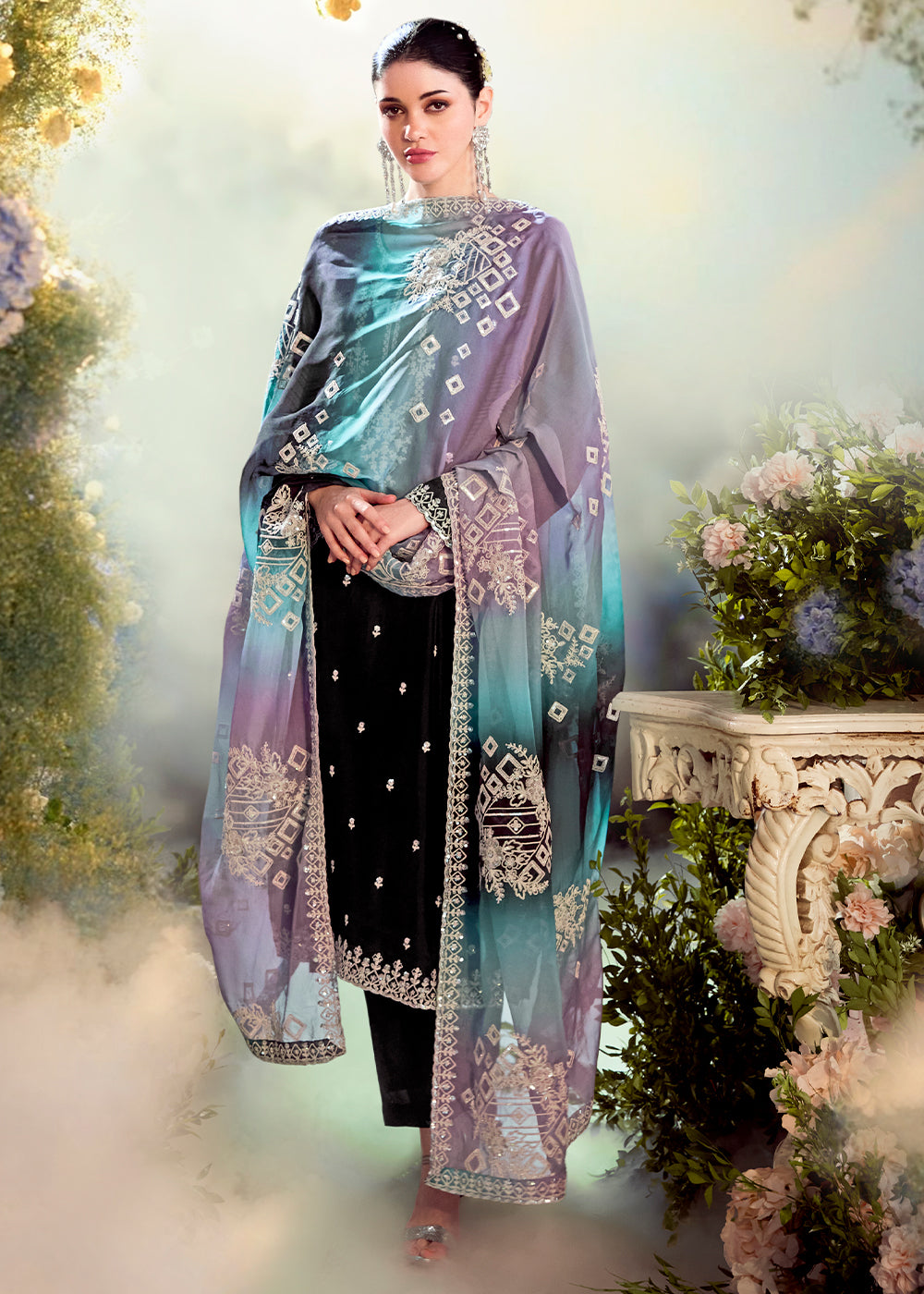 Onyx Black Silk Suit with Embroidery on Neckline, Buttis, and Scalloped Borders