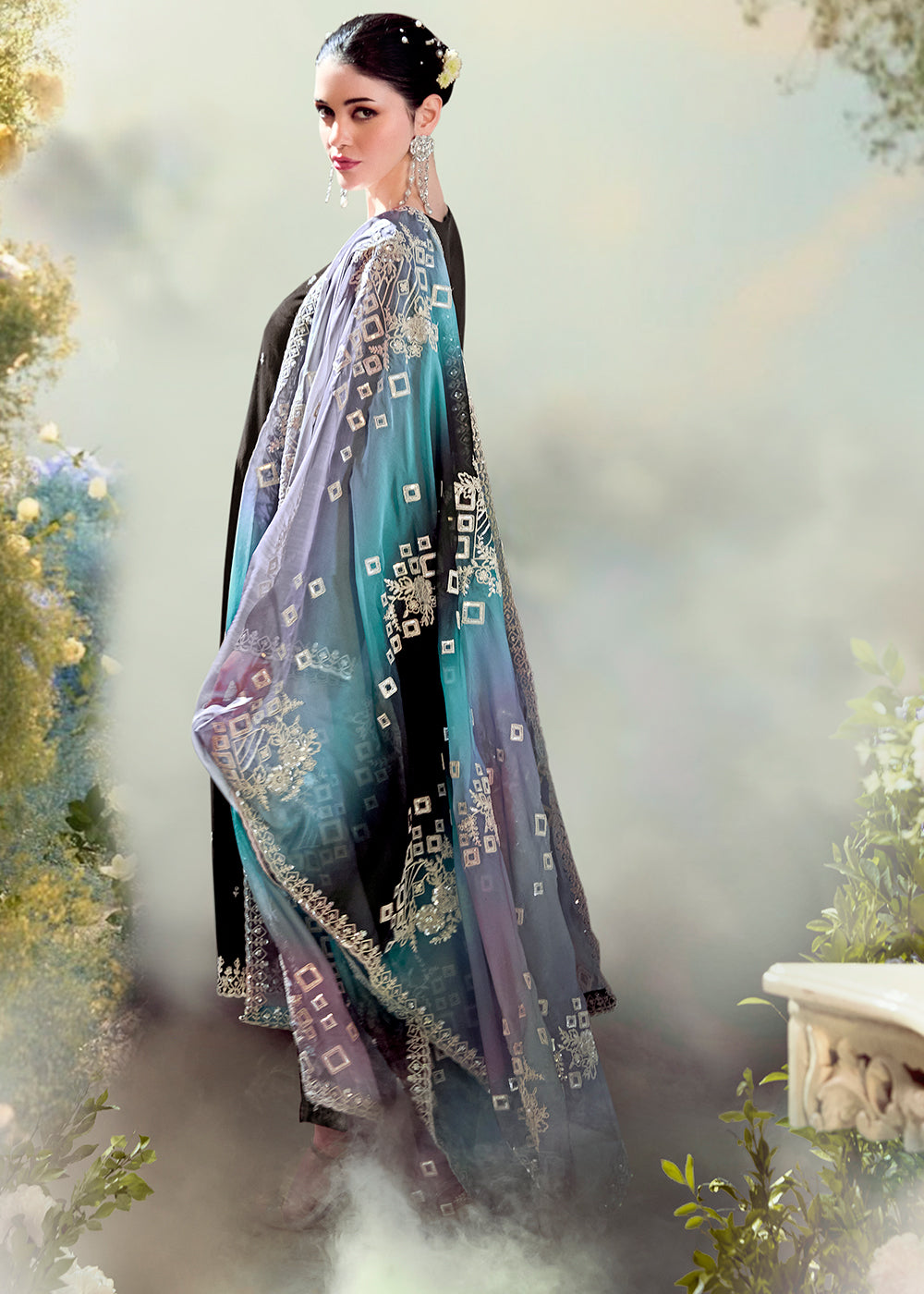 Onyx Black Silk Suit with Embroidery on Neckline, Buttis, and Scalloped Borders