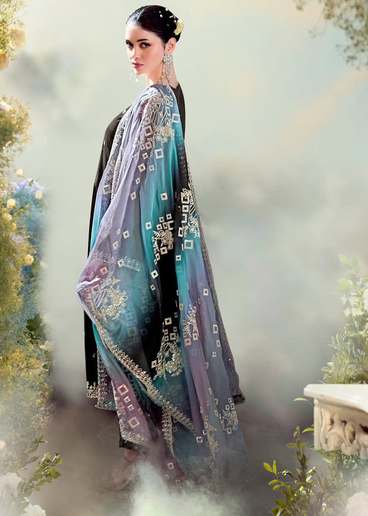 Onyx Black Silk Suit with Embroidery on Neckline, Buttis, and Scalloped Borders