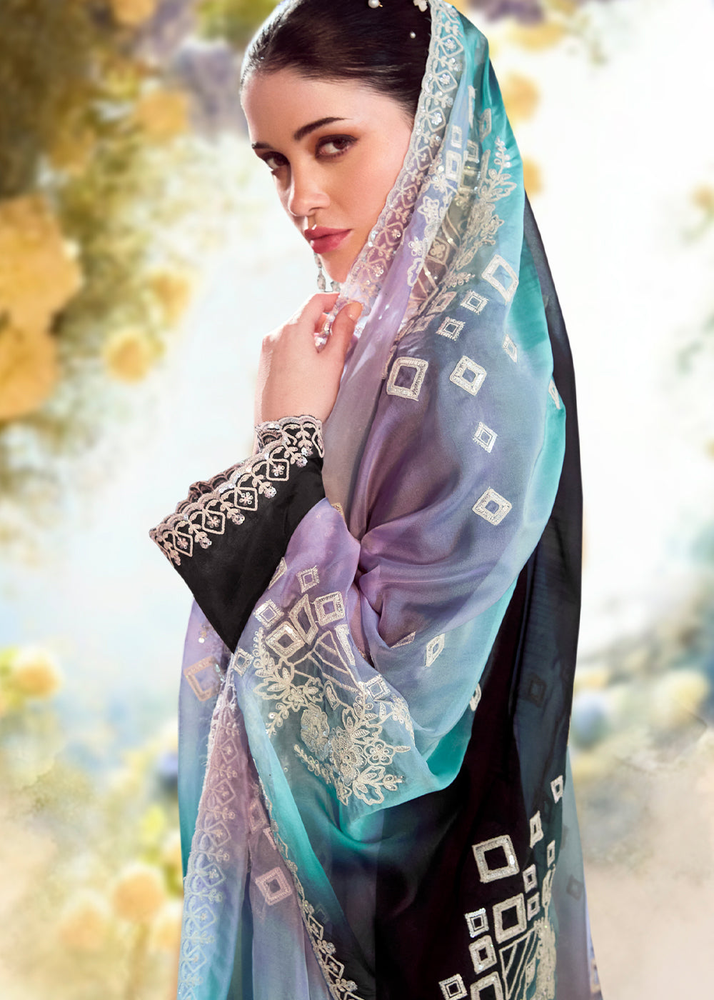 Onyx Black Silk Suit with Embroidery on Neckline, Buttis, and Scalloped Borders