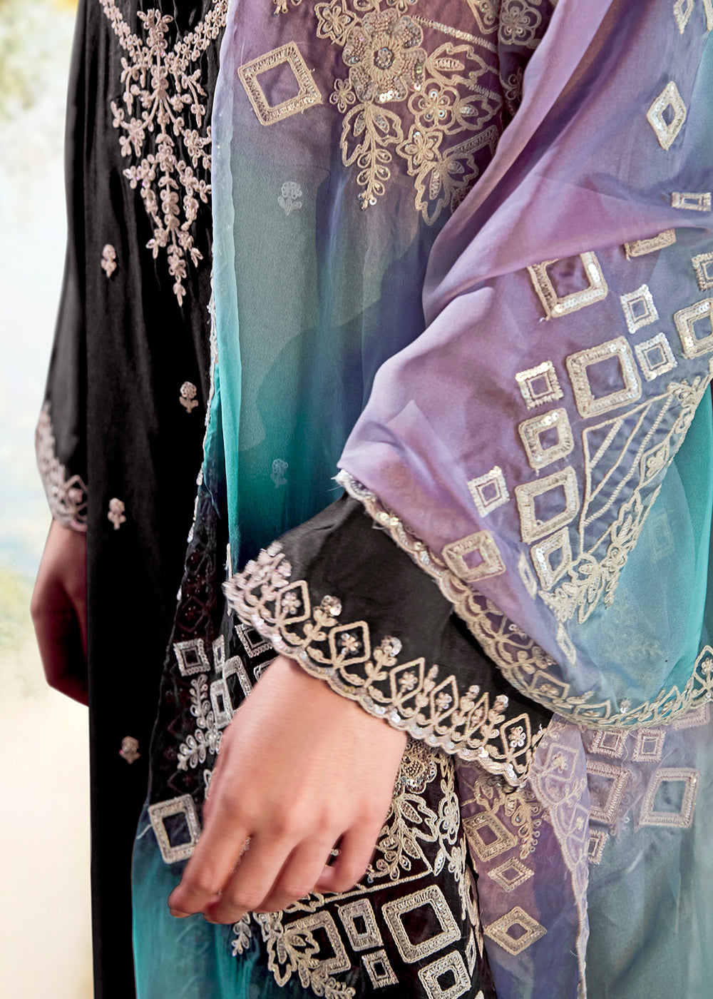 Onyx Black Silk Suit with Embroidery on Neckline, Buttis, and Scalloped Borders