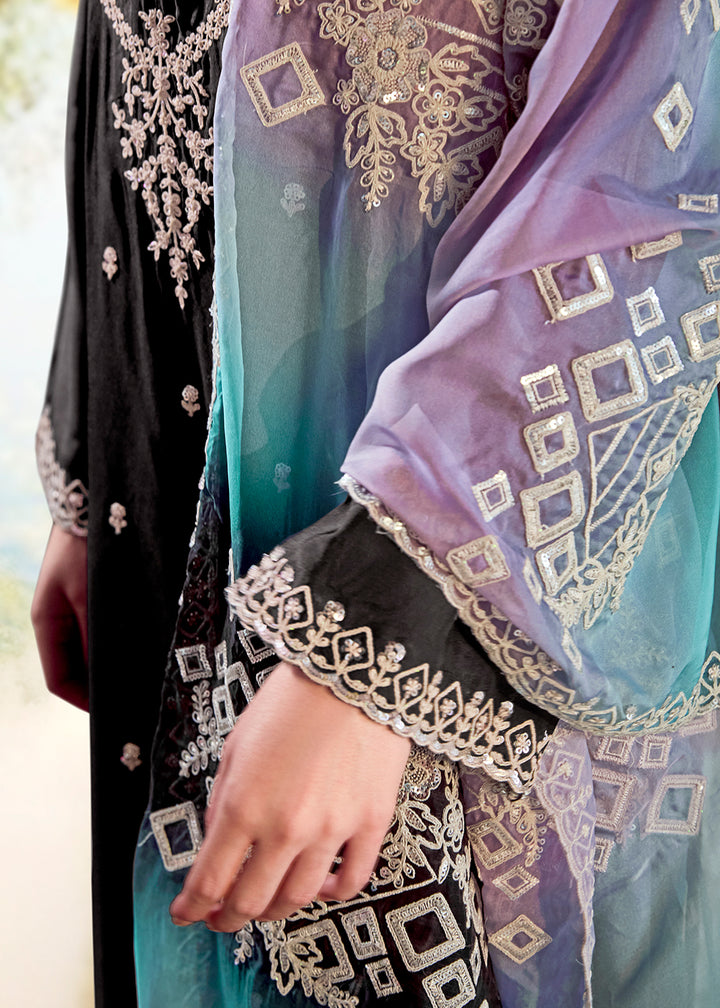 Onyx Black Silk Suit with Embroidery on Neckline, Buttis, and Scalloped Borders