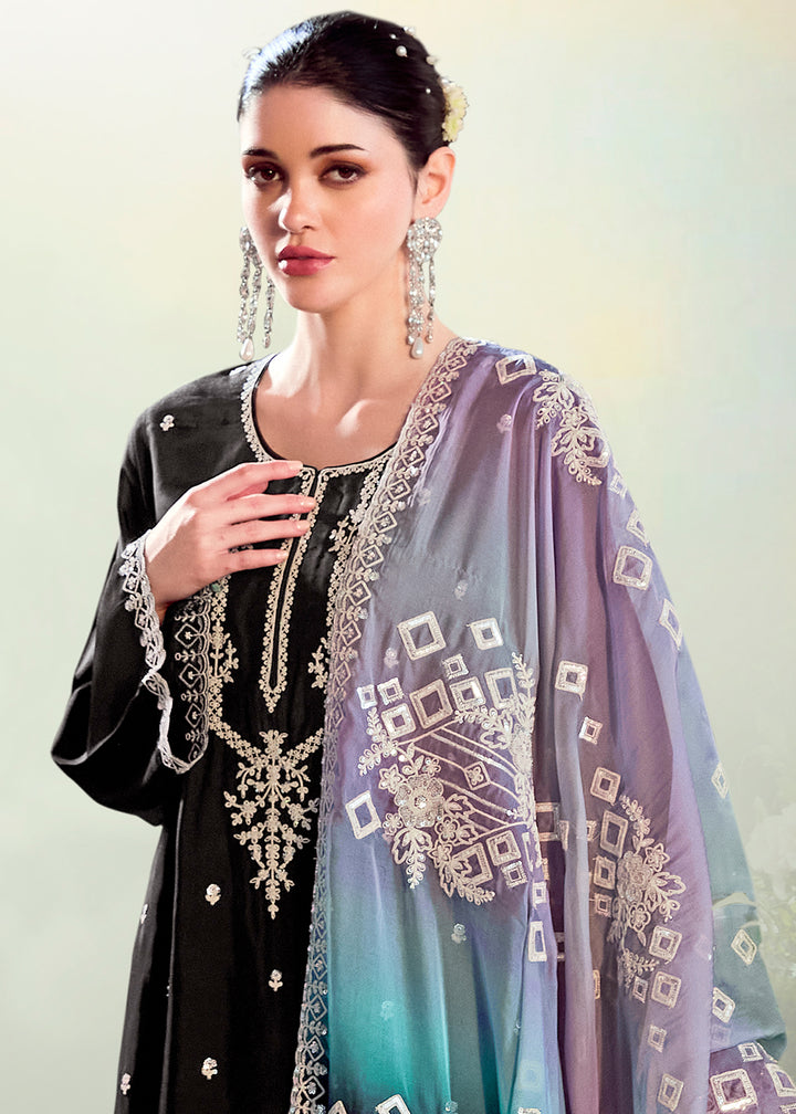 Onyx Black Silk Suit with Embroidery on Neckline, Buttis, and Scalloped Borders