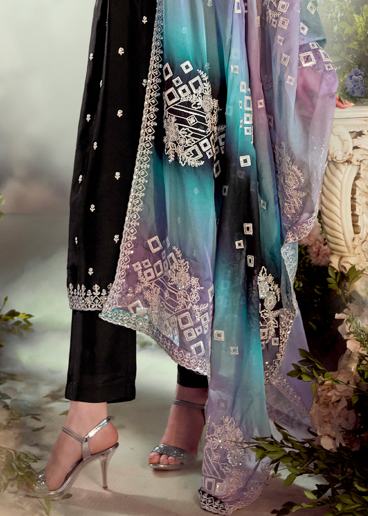 Onyx Black Silk Suit with Embroidery on Neckline, Buttis, and Scalloped Borders