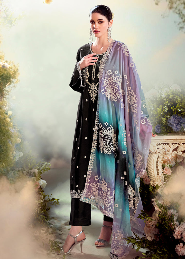 Onyx Black Silk Suit with Embroidery on Neckline, Buttis, and Scalloped Borders