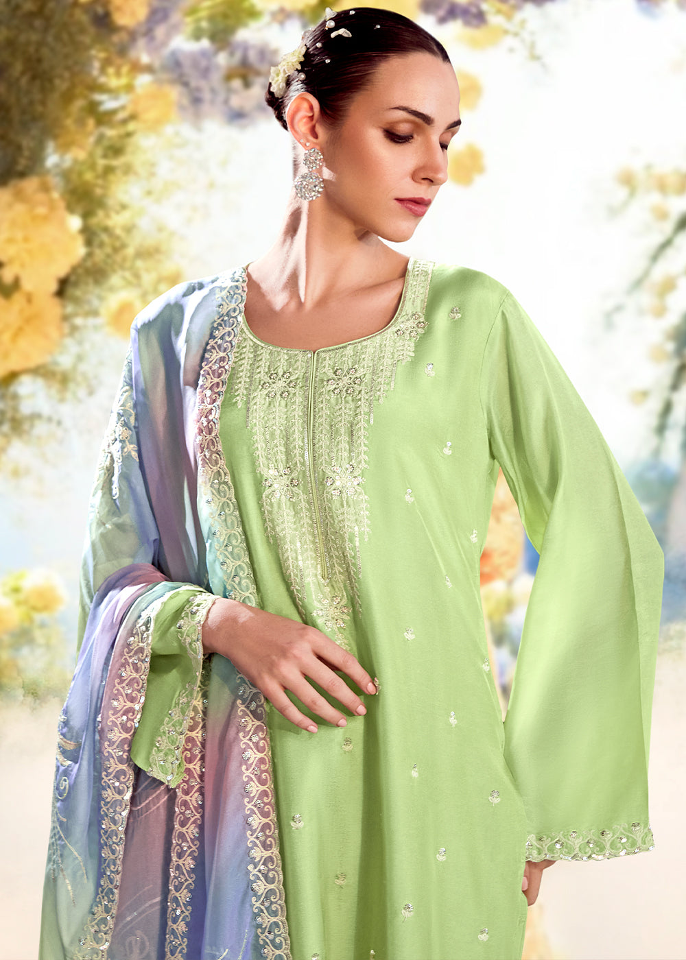 Pastel Green Silk Suit with Embroidery on Neckline, Buttis, and Scalloped Borders