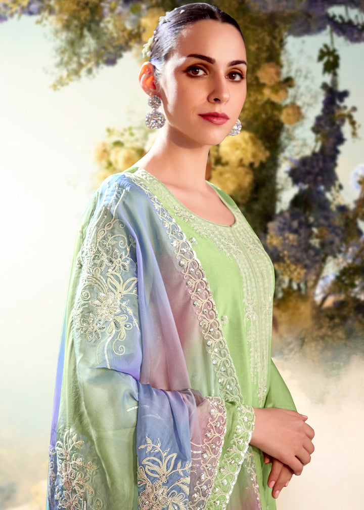 Pastel Green Silk Suit with Embroidery on Neckline, Buttis, and Scalloped Borders