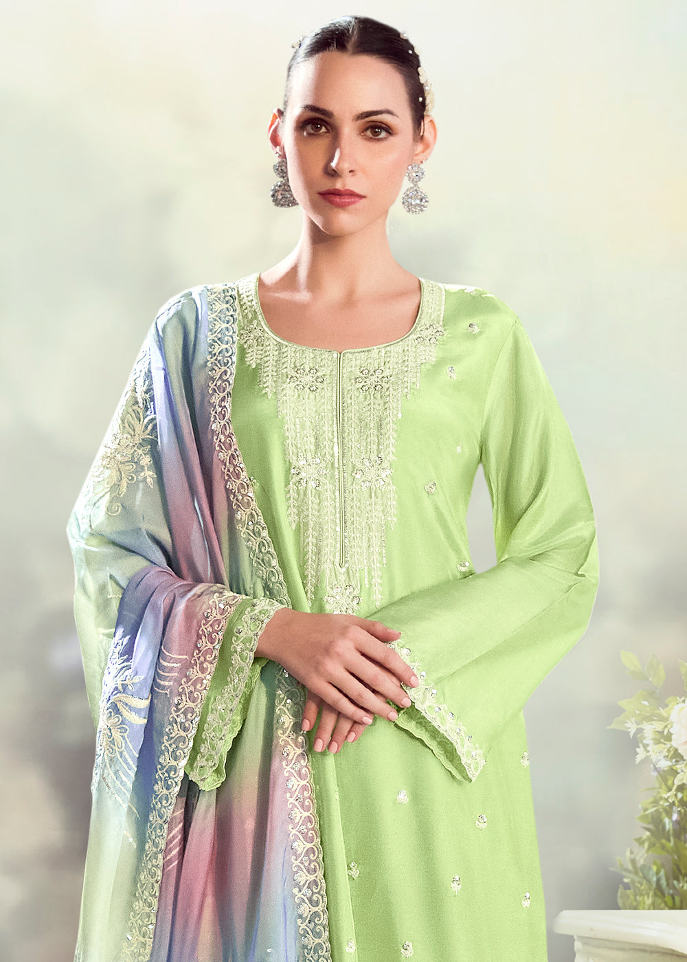 Pastel Green Silk Suit with Embroidery on Neckline, Buttis, and Scalloped Borders