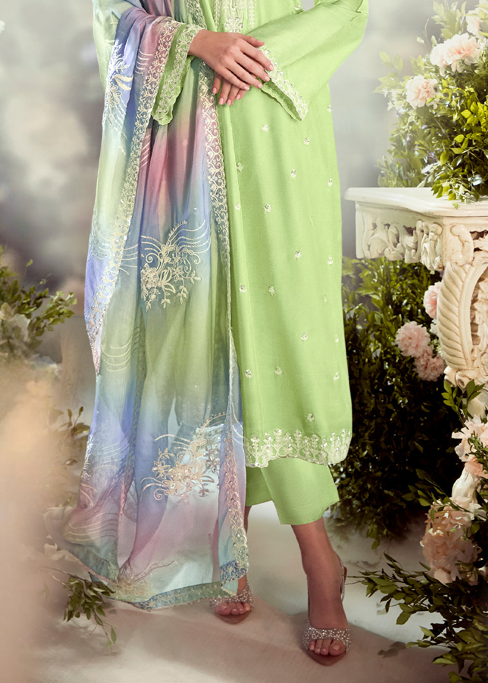 Pastel Green Silk Suit with Embroidery on Neckline, Buttis, and Scalloped Borders