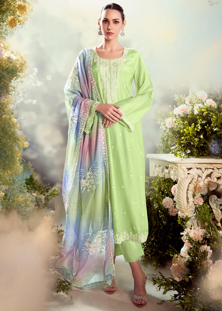 Pastel Green Silk Suit with Embroidery on Neckline, Buttis, and Scalloped Borders