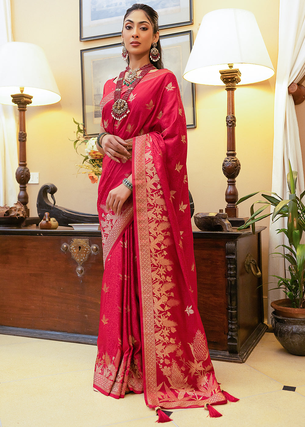 Reddish Pink Woven Satin Silk Saree