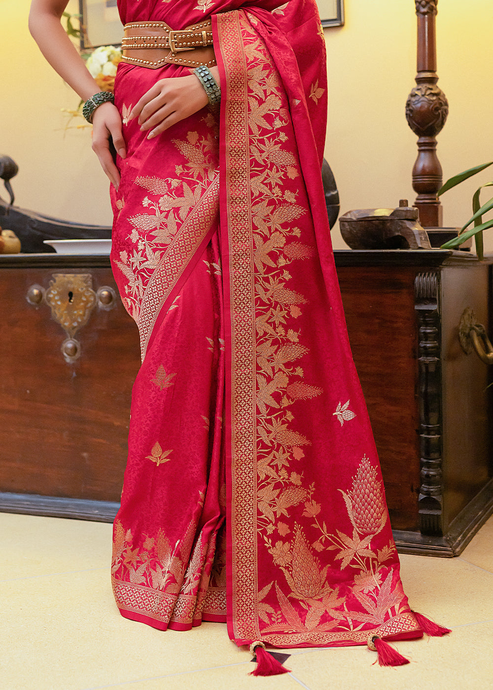 Reddish Pink Woven Satin Silk Saree