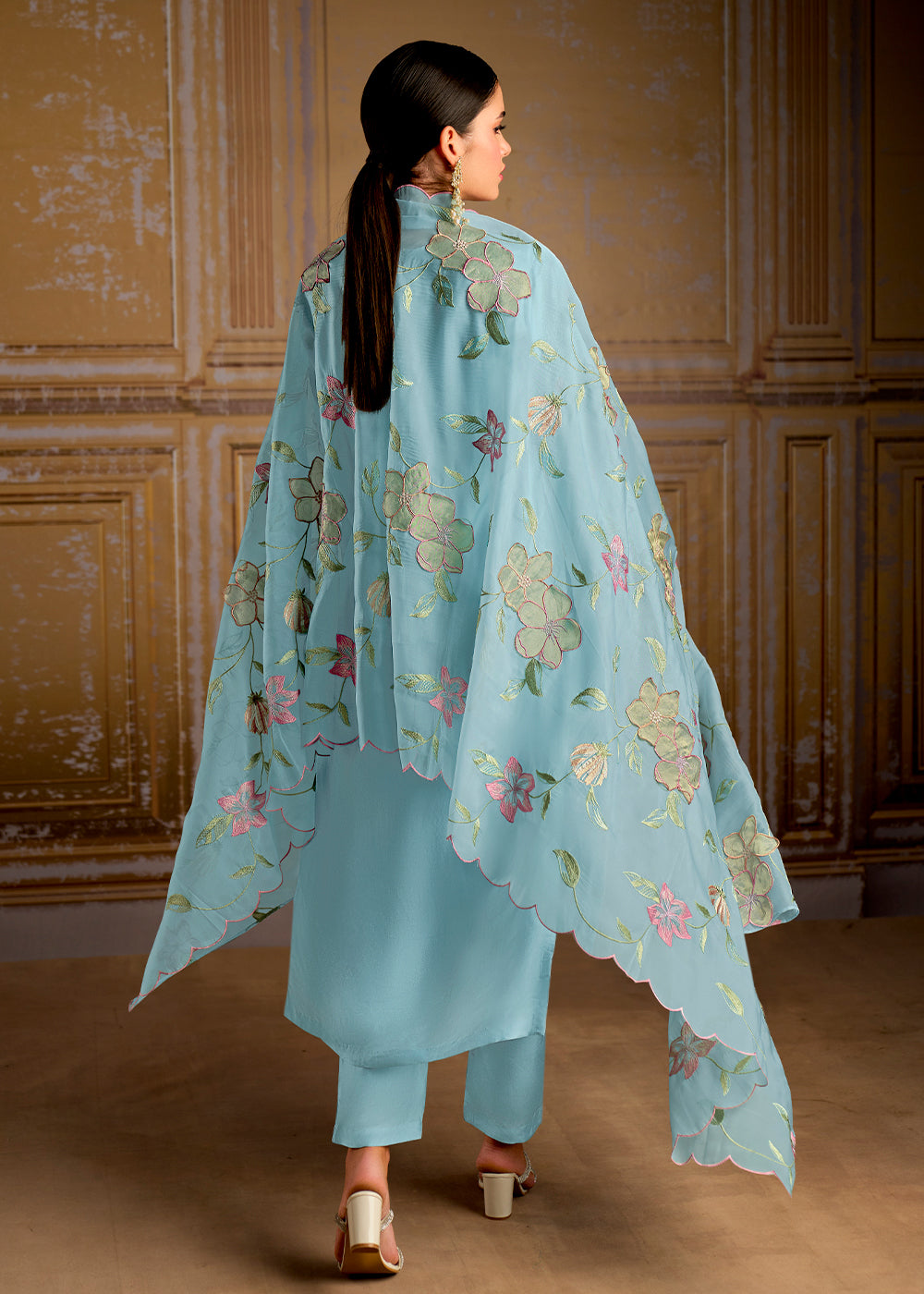 Baby Blue Silk Suit with Resham Work and 3D Patch Detailing on Front and Sleeves