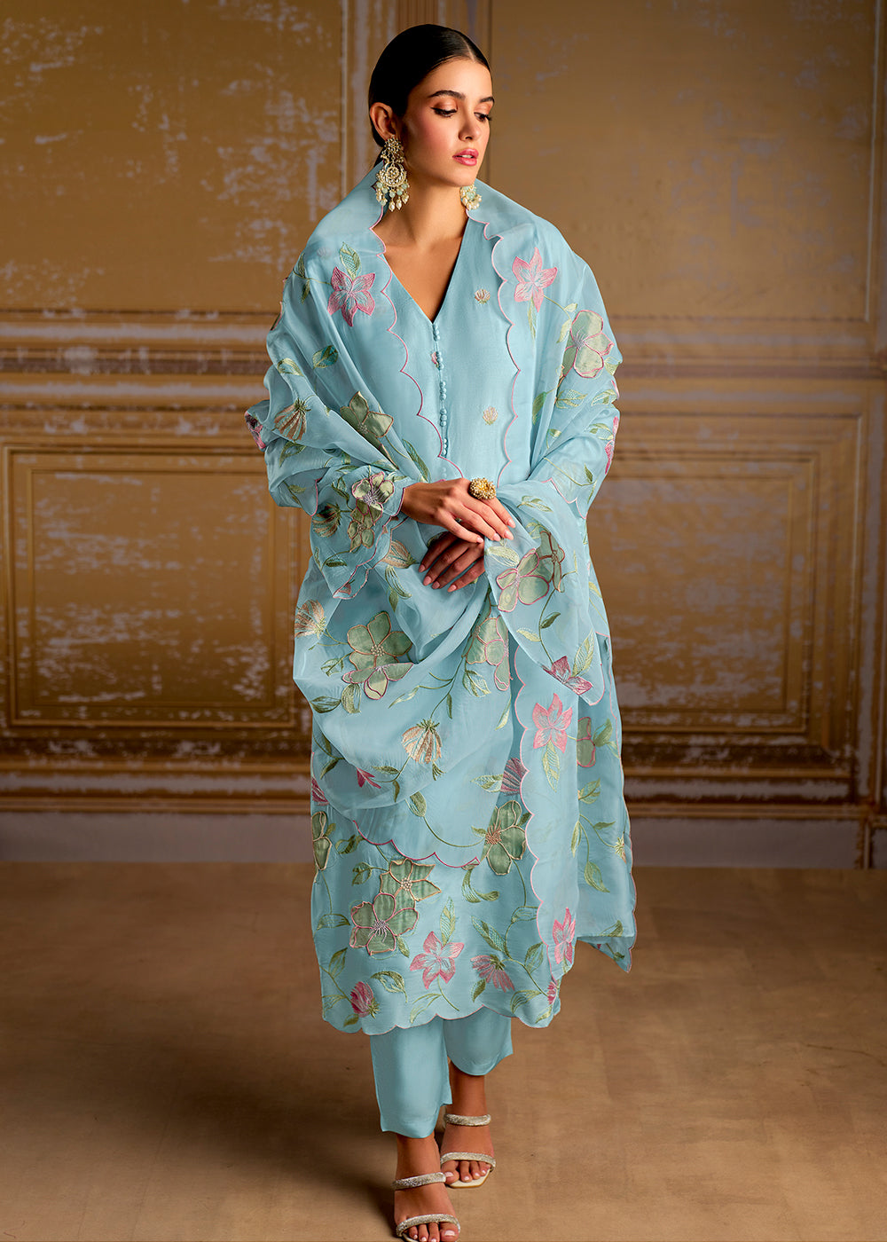 Baby Blue Silk Suit with Resham Work and 3D Patch Detailing on Front and Sleeves