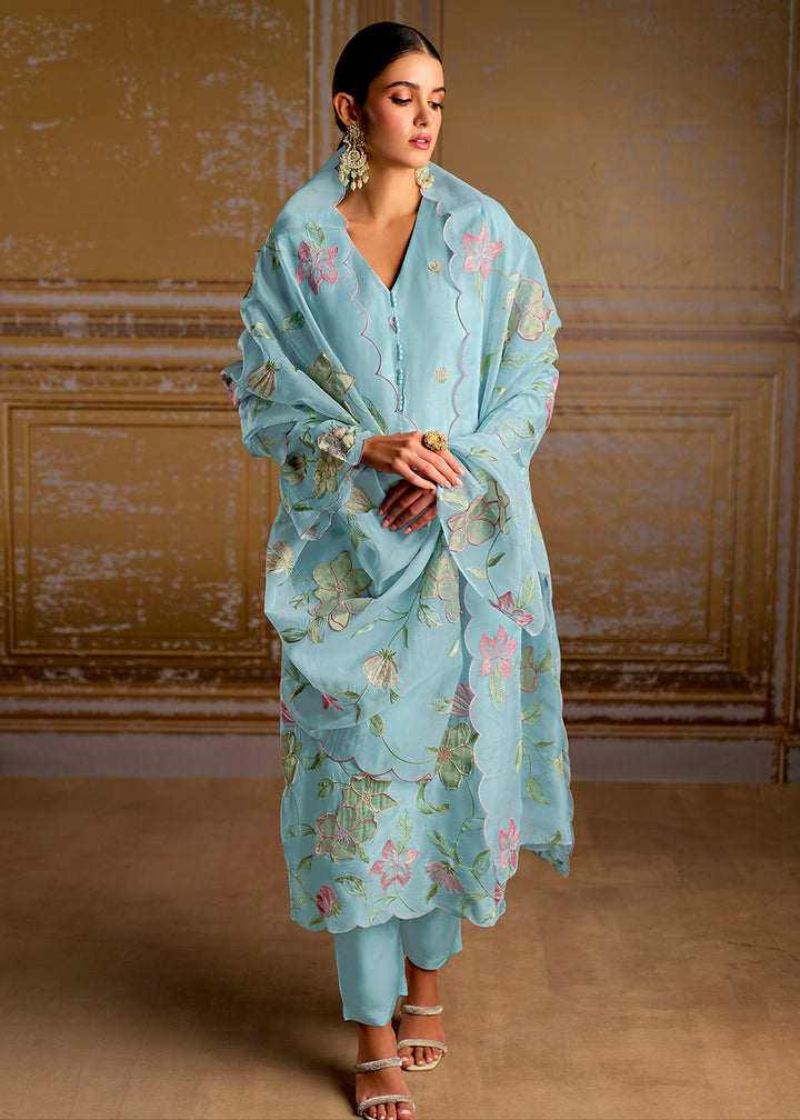 Baby Blue Silk Suit with Resham Work and 3D Patch Detailing on Front and Sleeves