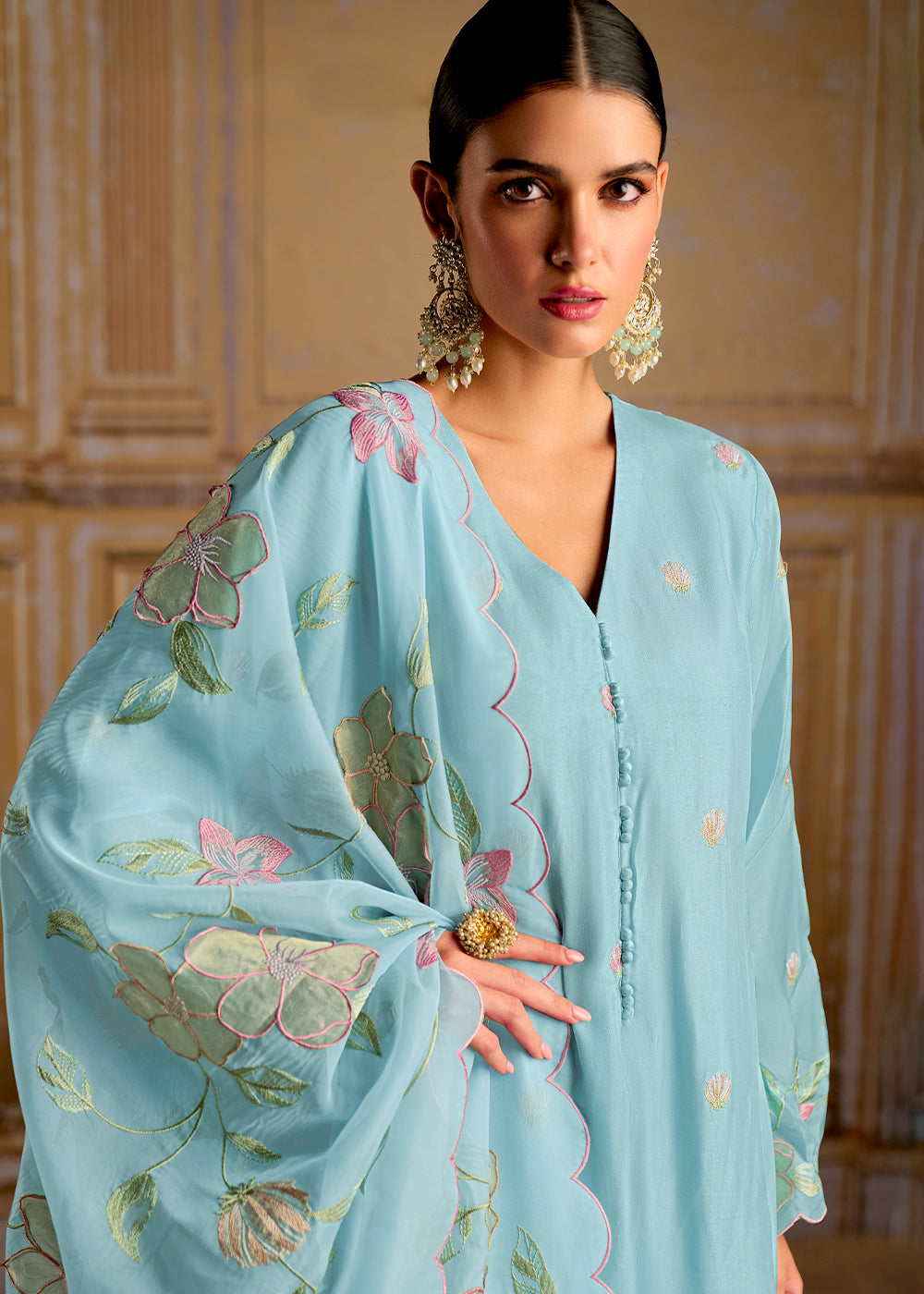 Baby Blue Silk Suit with Resham Work and 3D Patch Detailing on Front and Sleeves