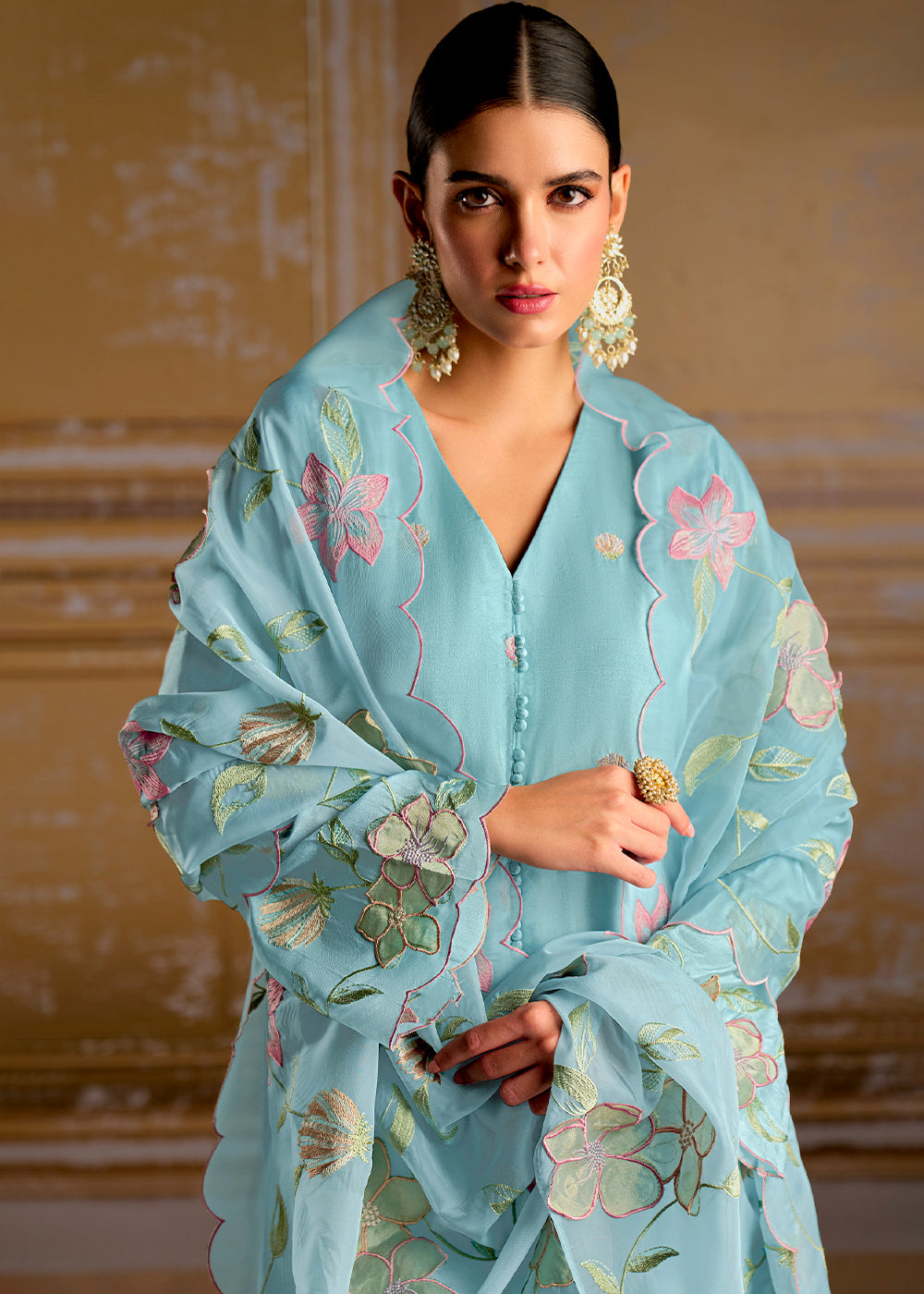 Baby Blue Silk Suit with Resham Work and 3D Patch Detailing on Front and Sleeves