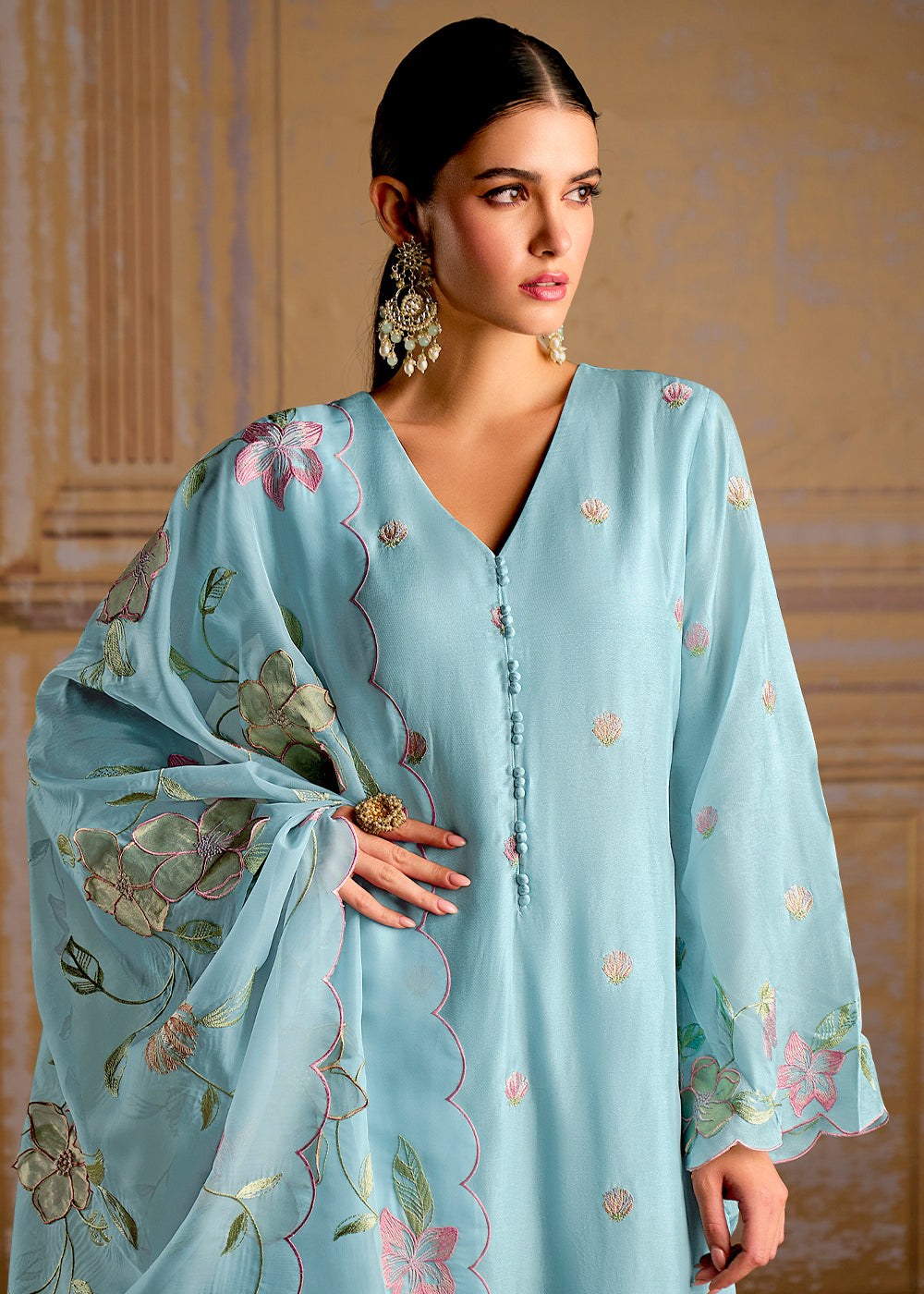 Baby Blue Silk Suit with Resham Work and 3D Patch Detailing on Front and Sleeves