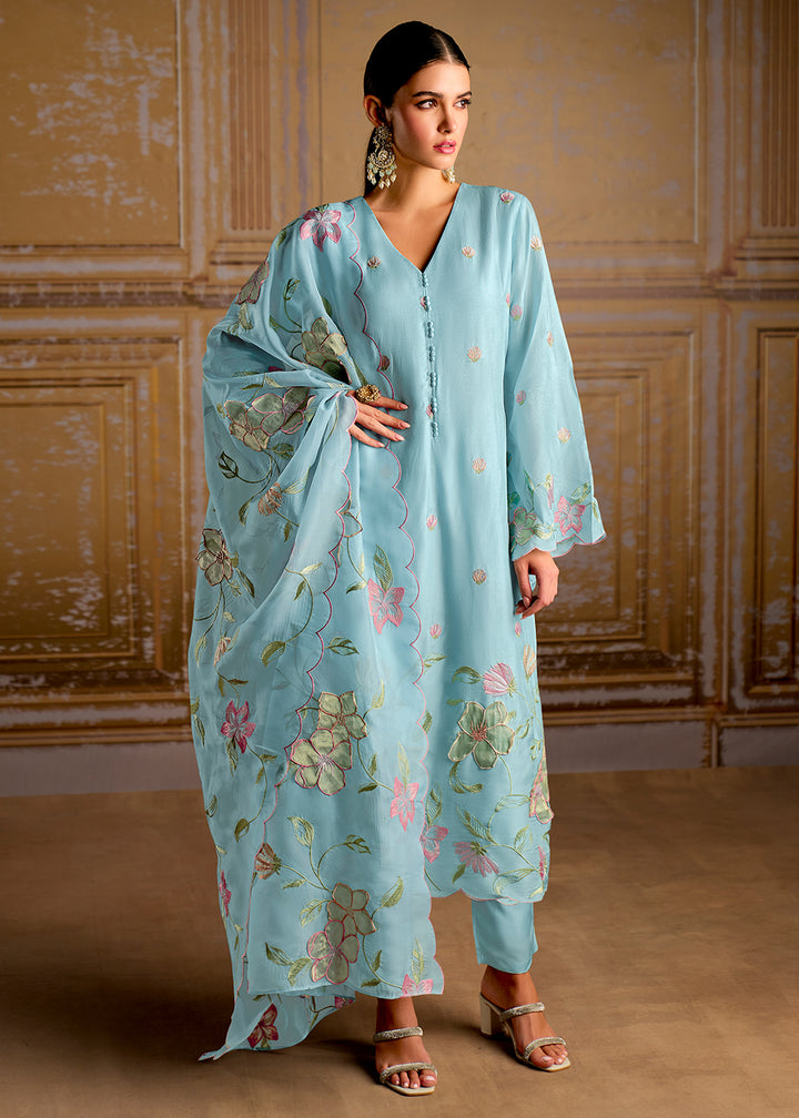 Baby Blue Silk Suit with Resham Work and 3D Patch Detailing on Front and Sleeves