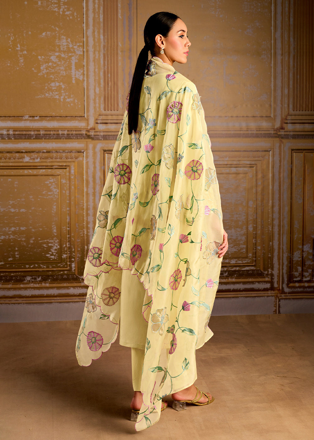 Banana Yellow Silk Suit with Resham Work and 3D Patch Detailing on Front and Sleeves