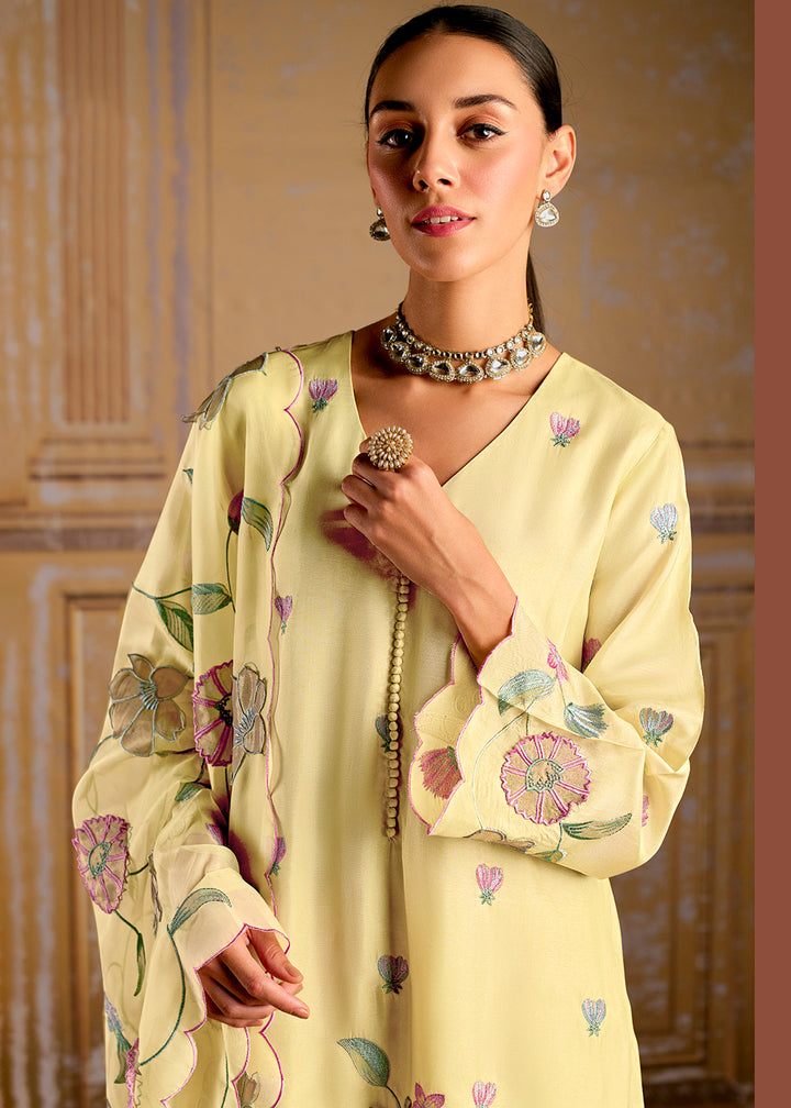 Banana Yellow Silk Suit with Resham Work and 3D Patch Detailing on Front and Sleeves