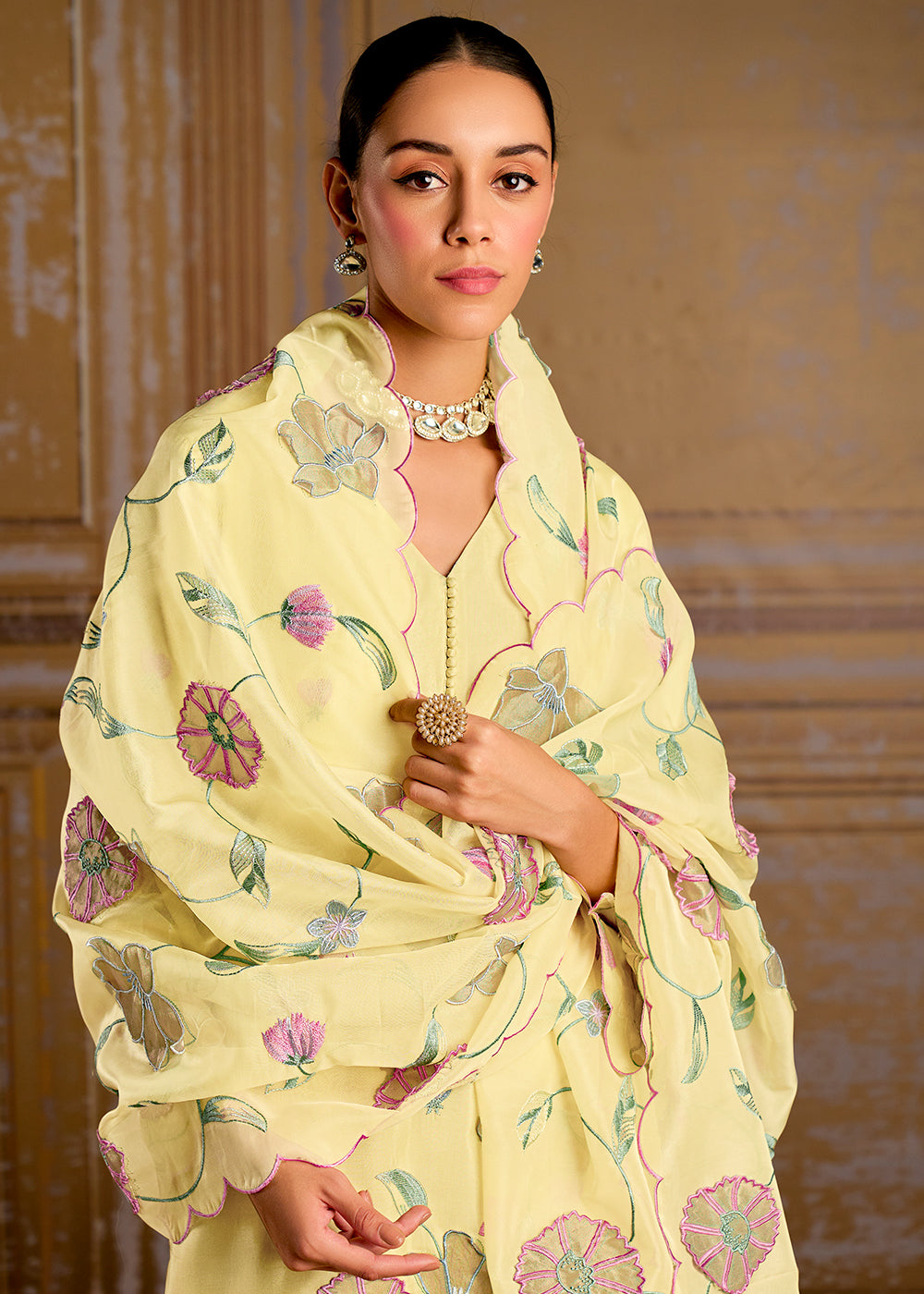 Banana Yellow Silk Suit with Resham Work and 3D Patch Detailing on Front and Sleeves