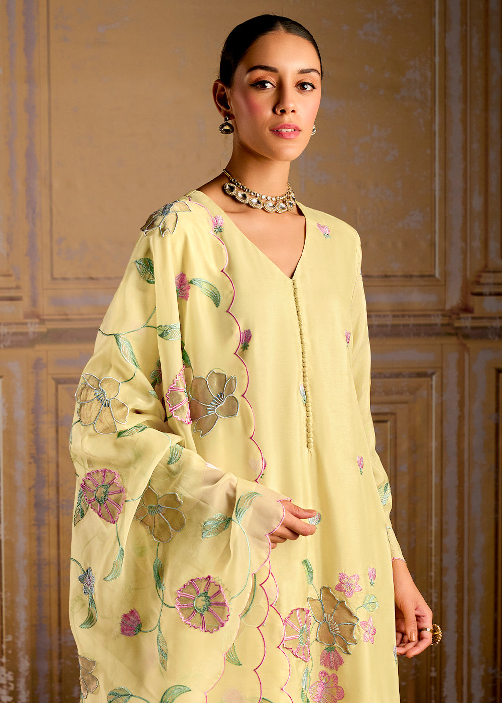 Banana Yellow Silk Suit with Resham Work and 3D Patch Detailing on Front and Sleeves