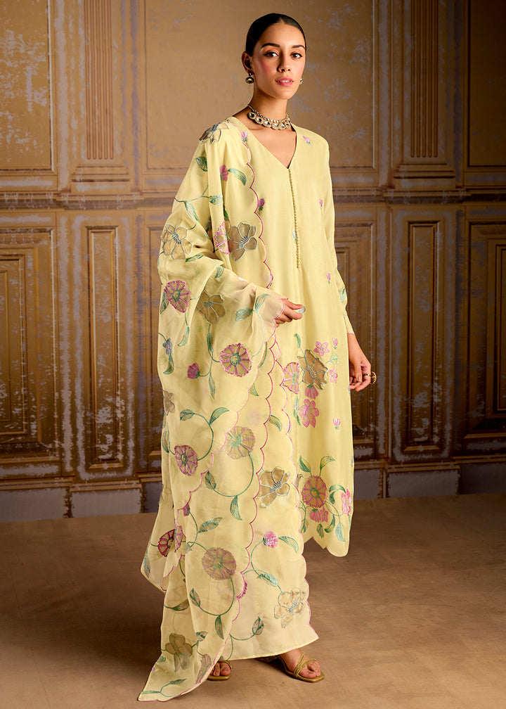 Banana Yellow Silk Suit with Resham Work and 3D Patch Detailing on Front and Sleeves