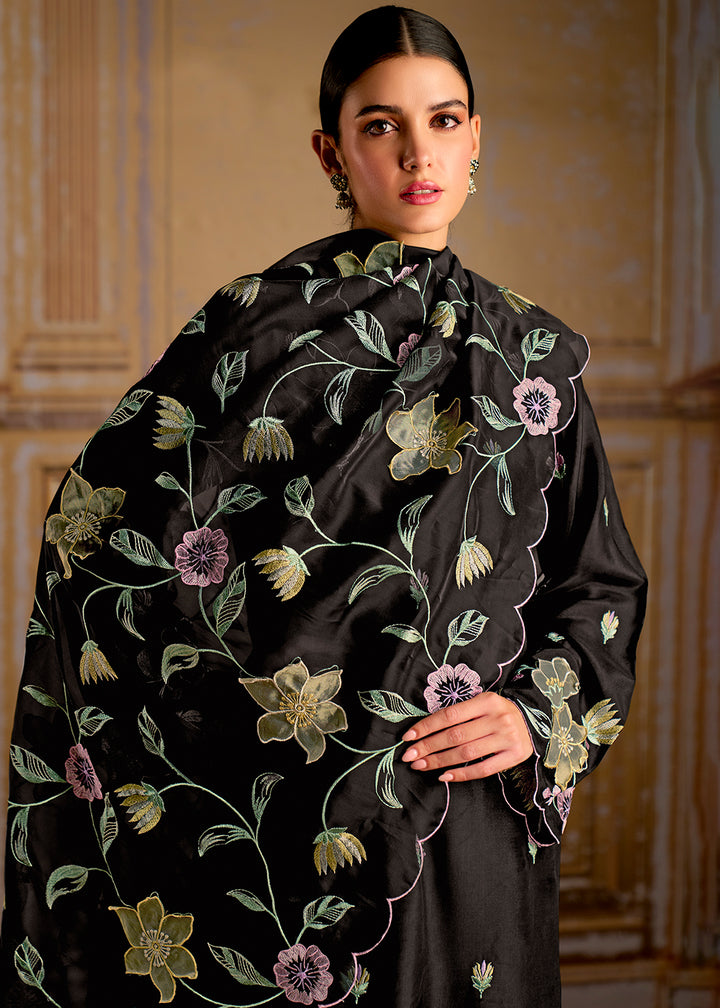 Jade Black Silk Suit with Resham Work and 3D Patch Detailing on Front and Sleeves