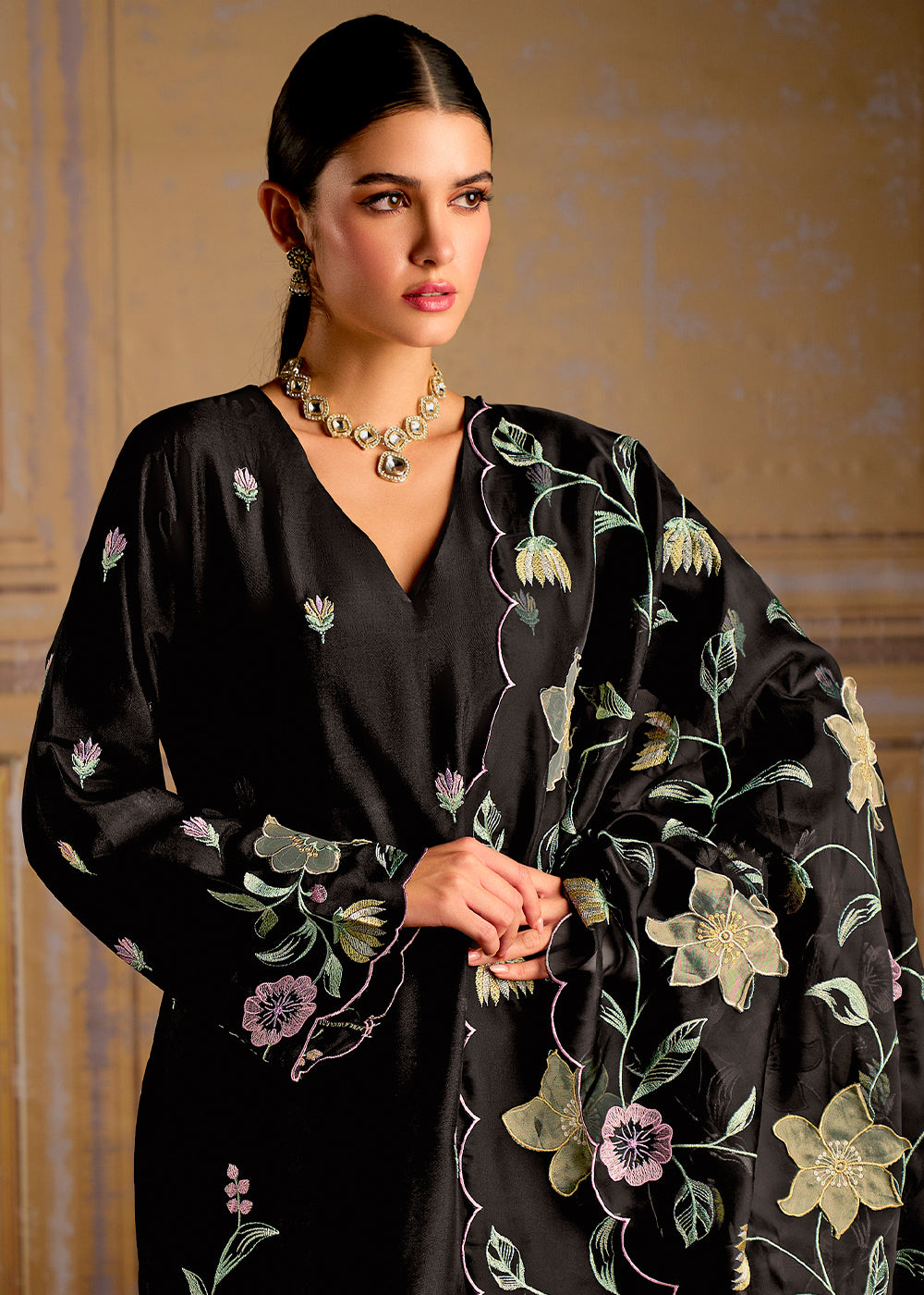 Jade Black Silk Suit with Resham Work and 3D Patch Detailing on Front and Sleeves