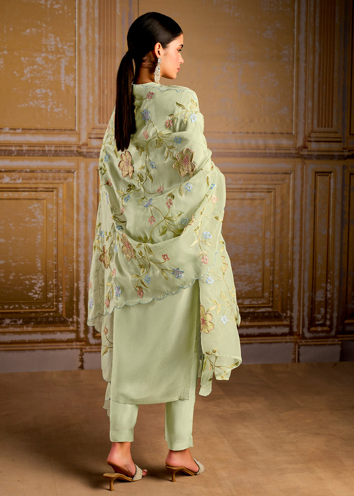 Cool Green Silk Suit with Resham Work and 3D Patch Detailing on Front and Sleeves