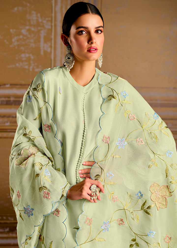 Cool Green Silk Suit with Resham Work and 3D Patch Detailing on Front and Sleeves