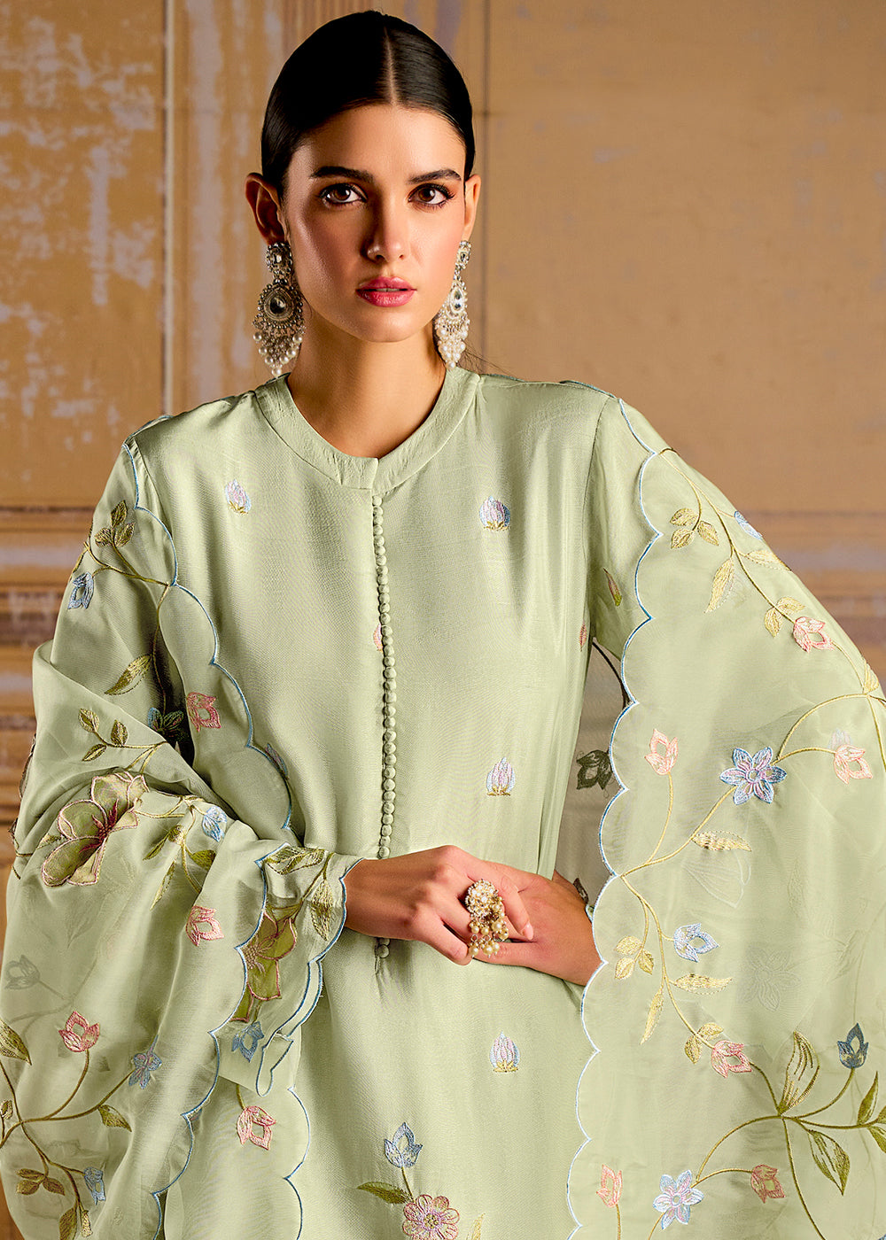 Cool Green Silk Suit with Resham Work and 3D Patch Detailing on Front and Sleeves