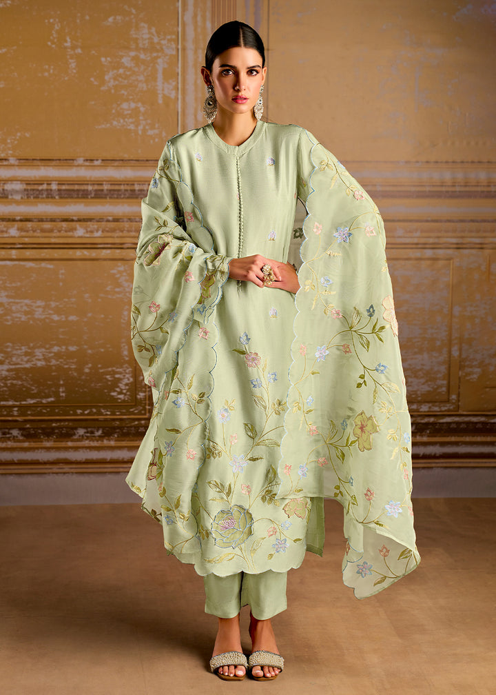 Cool Green Silk Suit with Resham Work and 3D Patch Detailing on Front and Sleeves