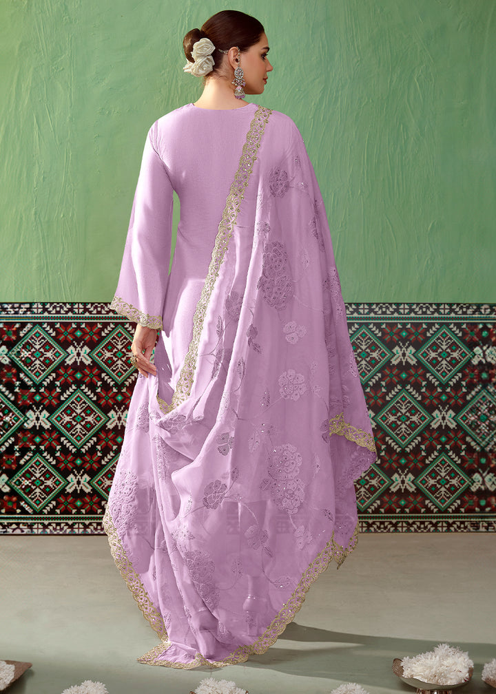 Amethyst Purple Silk Suit Featuring Embroidered Buttis and Scalloped Hemline