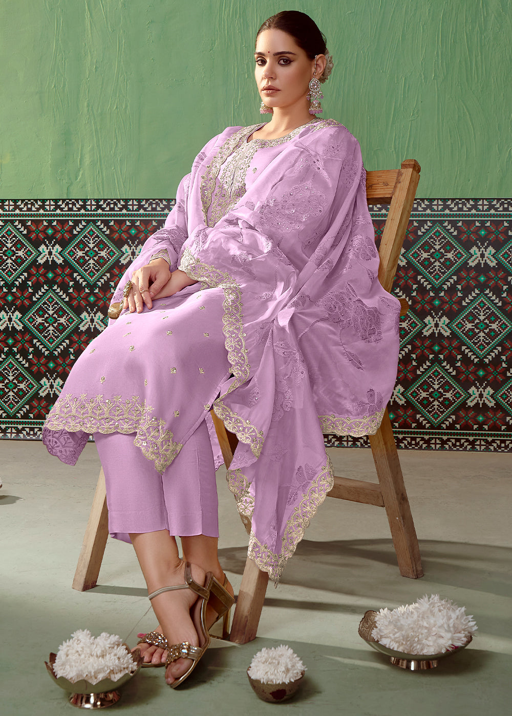 Amethyst Purple Silk Suit Featuring Embroidered Buttis and Scalloped Hemline