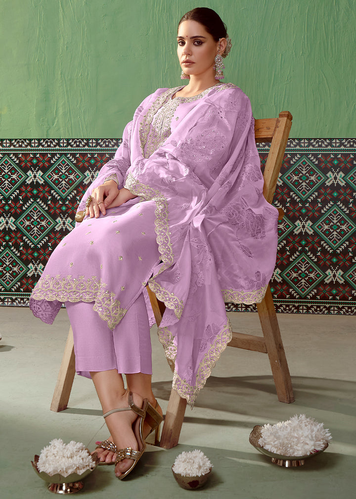 Amethyst Purple Silk Suit Featuring Embroidered Buttis and Scalloped Hemline