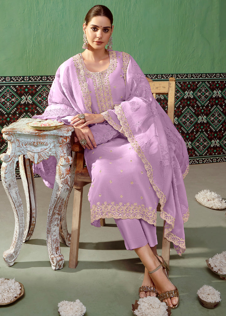 Amethyst Purple Silk Suit Featuring Embroidered Buttis and Scalloped Hemline