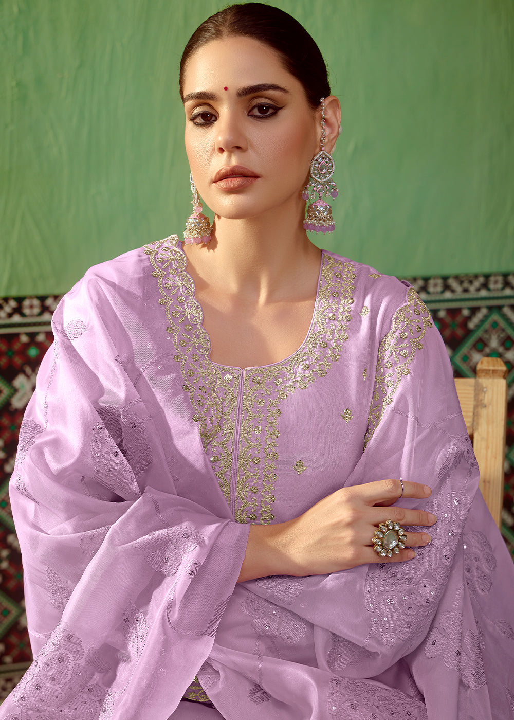 Amethyst Purple Silk Suit Featuring Embroidered Buttis and Scalloped Hemline