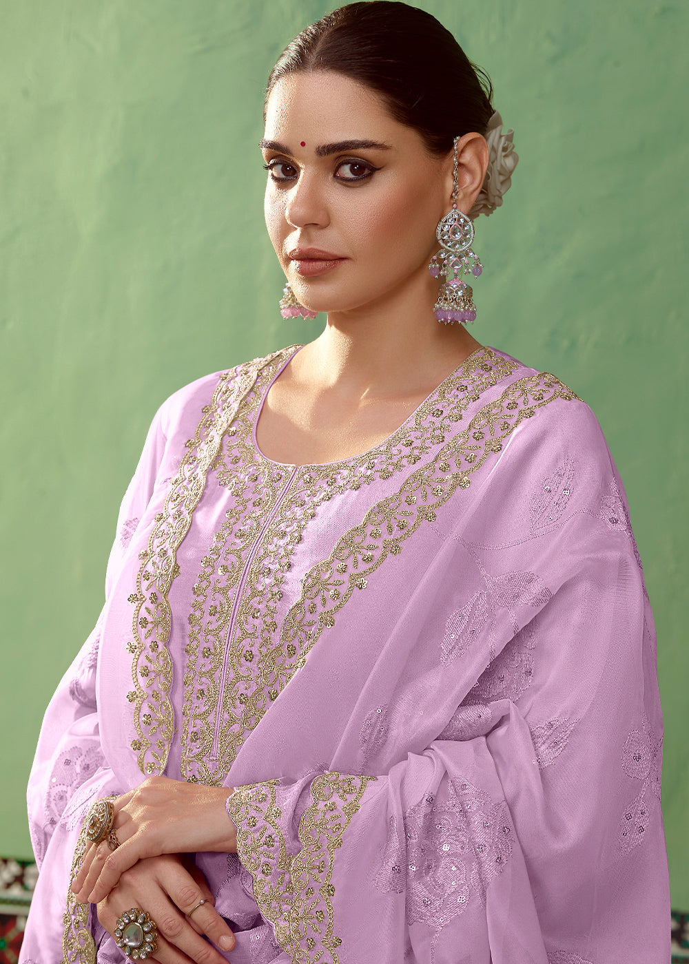 Amethyst Purple Silk Suit Featuring Embroidered Buttis and Scalloped Hemline