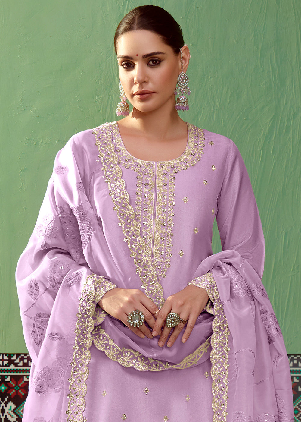 Amethyst Purple Silk Suit Featuring Embroidered Buttis and Scalloped Hemline