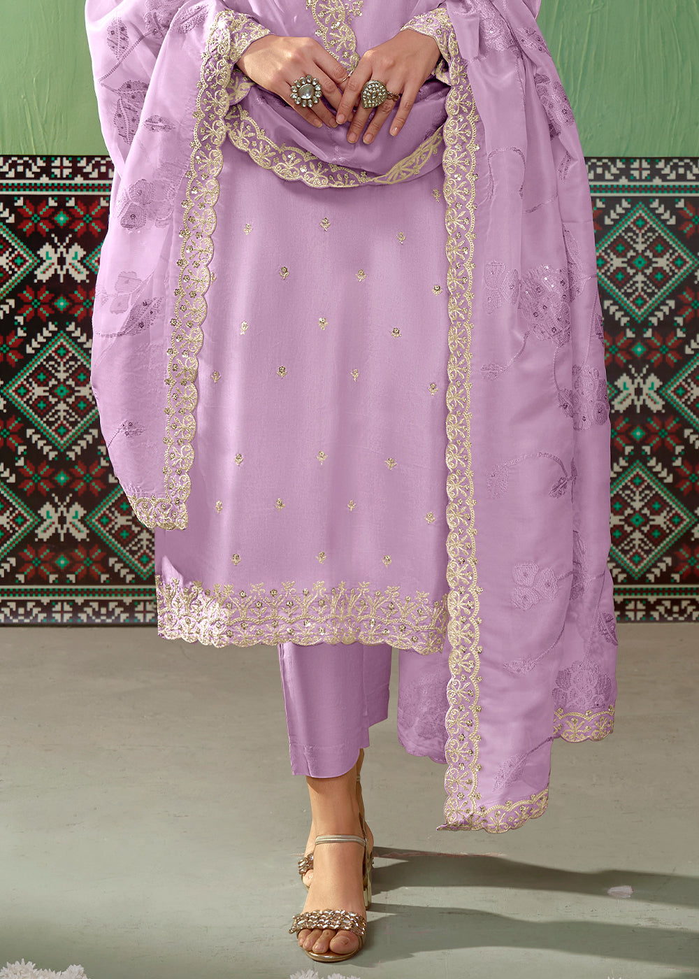 Amethyst Purple Silk Suit Featuring Embroidered Buttis and Scalloped Hemline