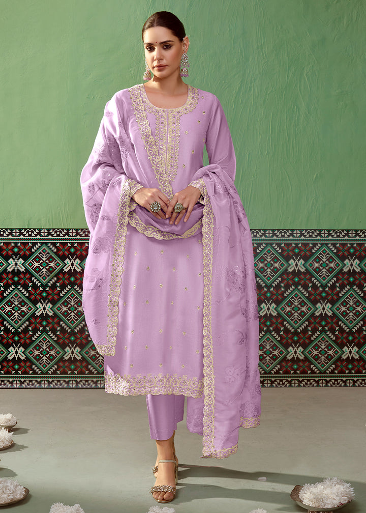 Amethyst Purple Silk Suit Featuring Embroidered Buttis and Scalloped Hemline