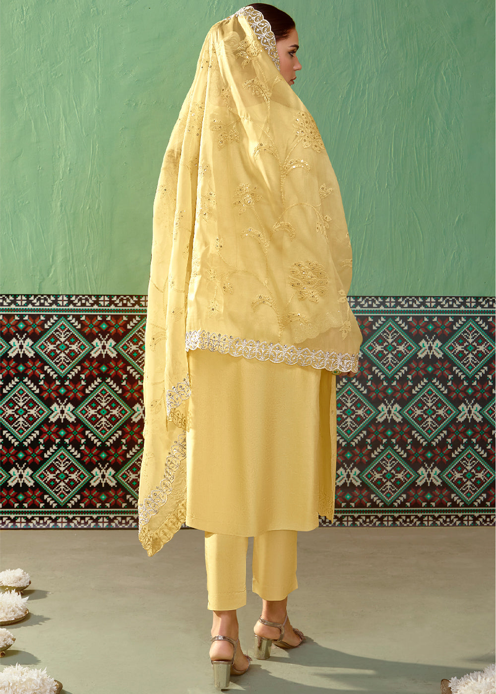 Cadmium Yellow Silk Suit Featuring Embroidered Buttis and Scalloped Hemline