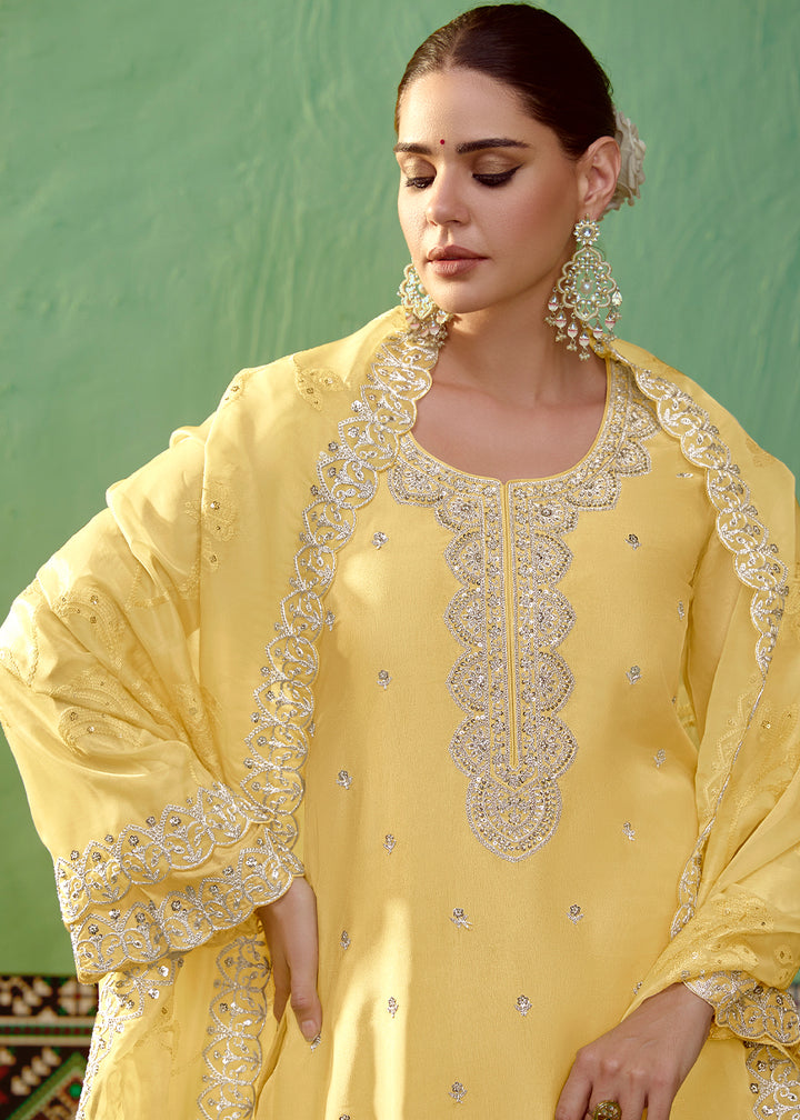 Cadmium Yellow Silk Suit Featuring Embroidered Buttis and Scalloped Hemline